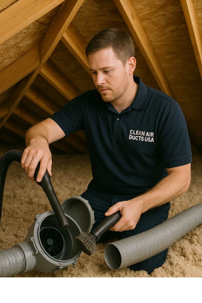 Technician performing inline fan cleaning for dryer vents in Tampa attic – Clean Air Ducts USA