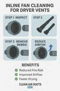 Infographic explaining the inline dryer fan cleaning process and benefits for homeowners in Tampa, St. Pete, and Clearwater