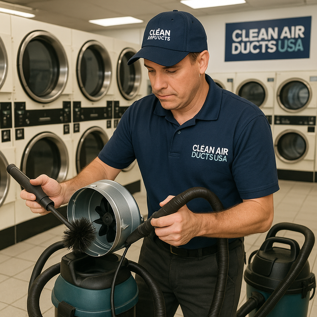 Technician performing commercial dryer vent cleaning in Tampa