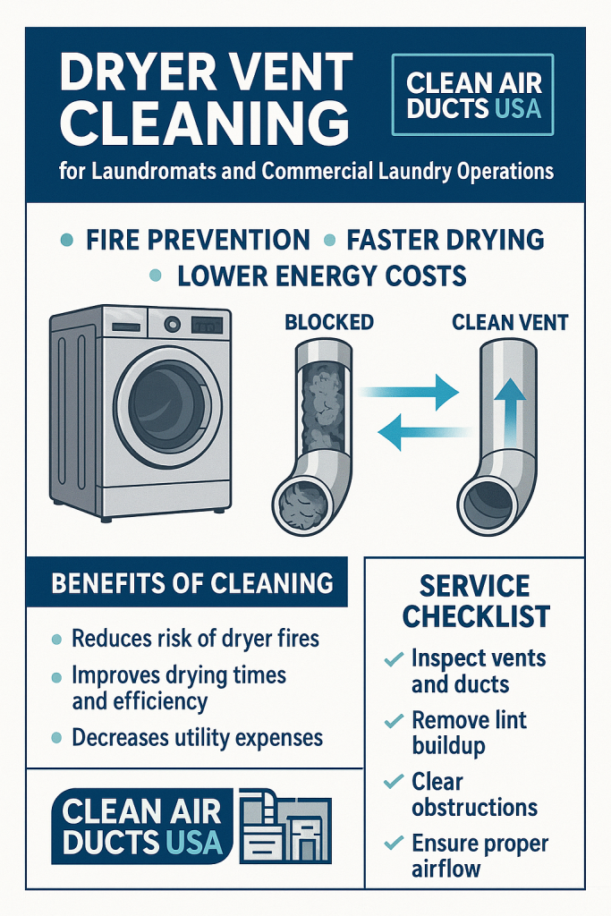 Infographic showing benefits of commercial dryer vent cleaning for laundromats and hotels in Tampa, FL