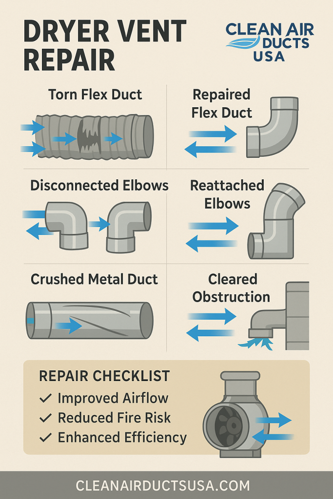 Dryer vent repair infographic by Clean Air Ducts USA, related to inline fan cleaning for dryer vents in Tampa