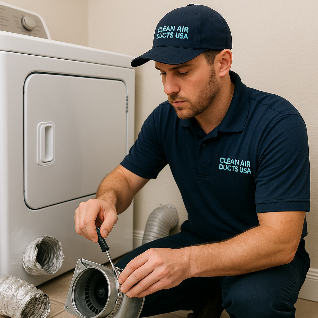Technician repairing a damaged dryer vent in a Tampa home laundry room for Clean Air Ducts USA