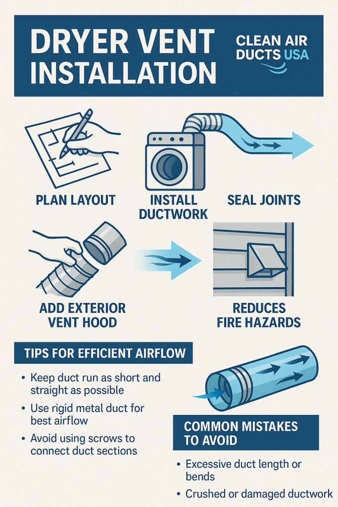 Infographic showing professional dryer vent installation steps and safety benefits in Tampa homes