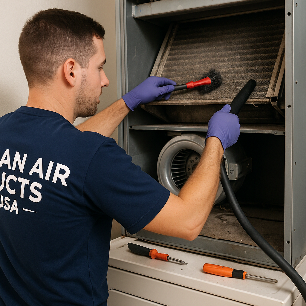Technician performing HVAC unit cleaning inside air handler for home in Tampa, FL for Clean Air Ducts USA
