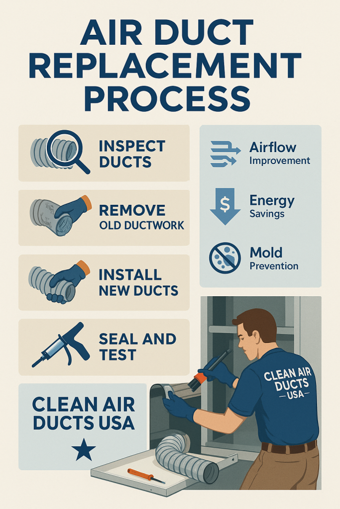 Infographic showing steps and benefits of professional air duct replacement in Tampa homes