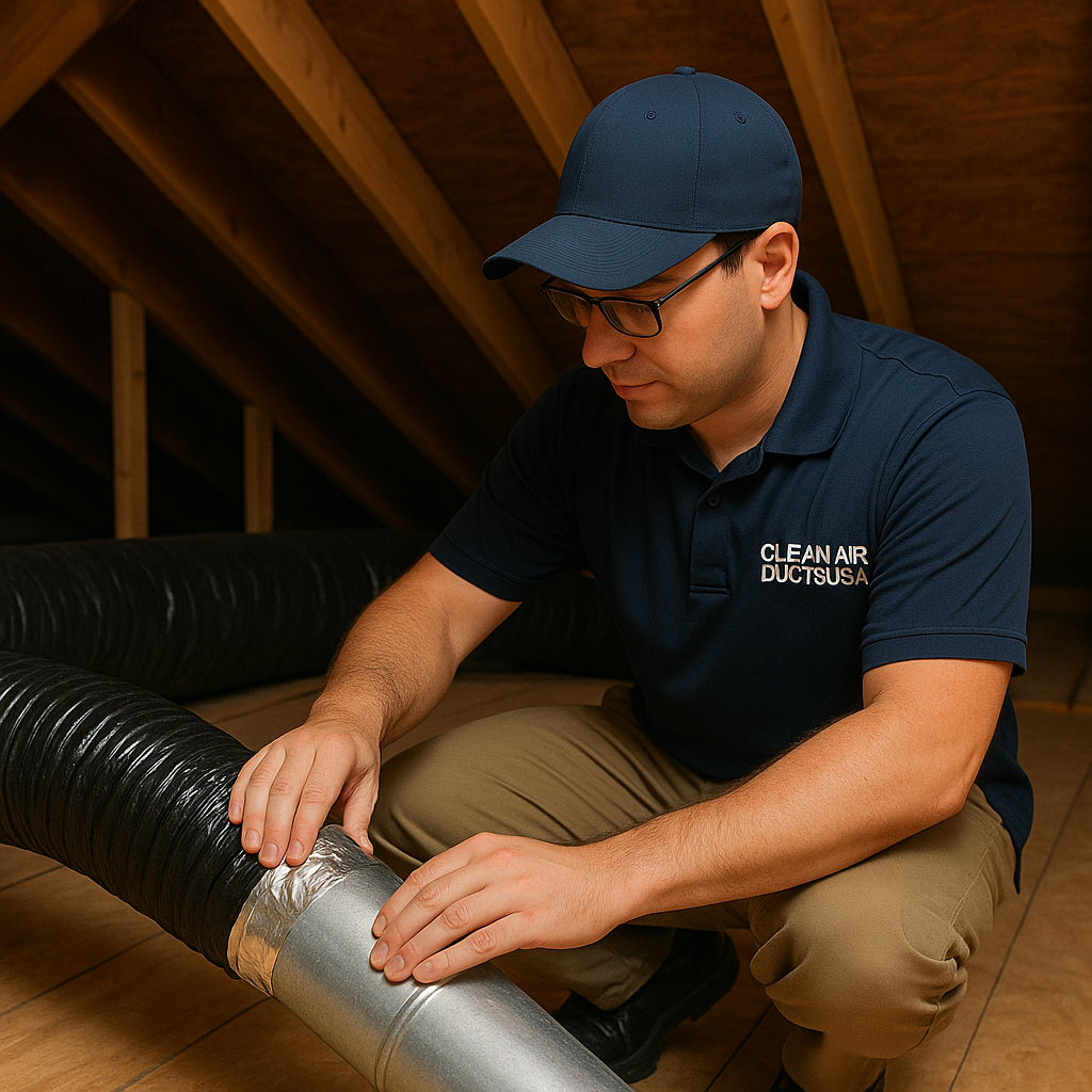 Technician replacing old air ducts in attic of Tampa home for Clean Air Ducts USA