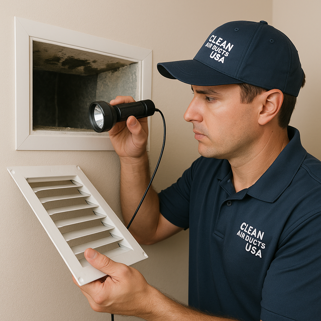 Technician inspecting mold inside HVAC ductwork in Tampa home for Clean Air Ducts USA