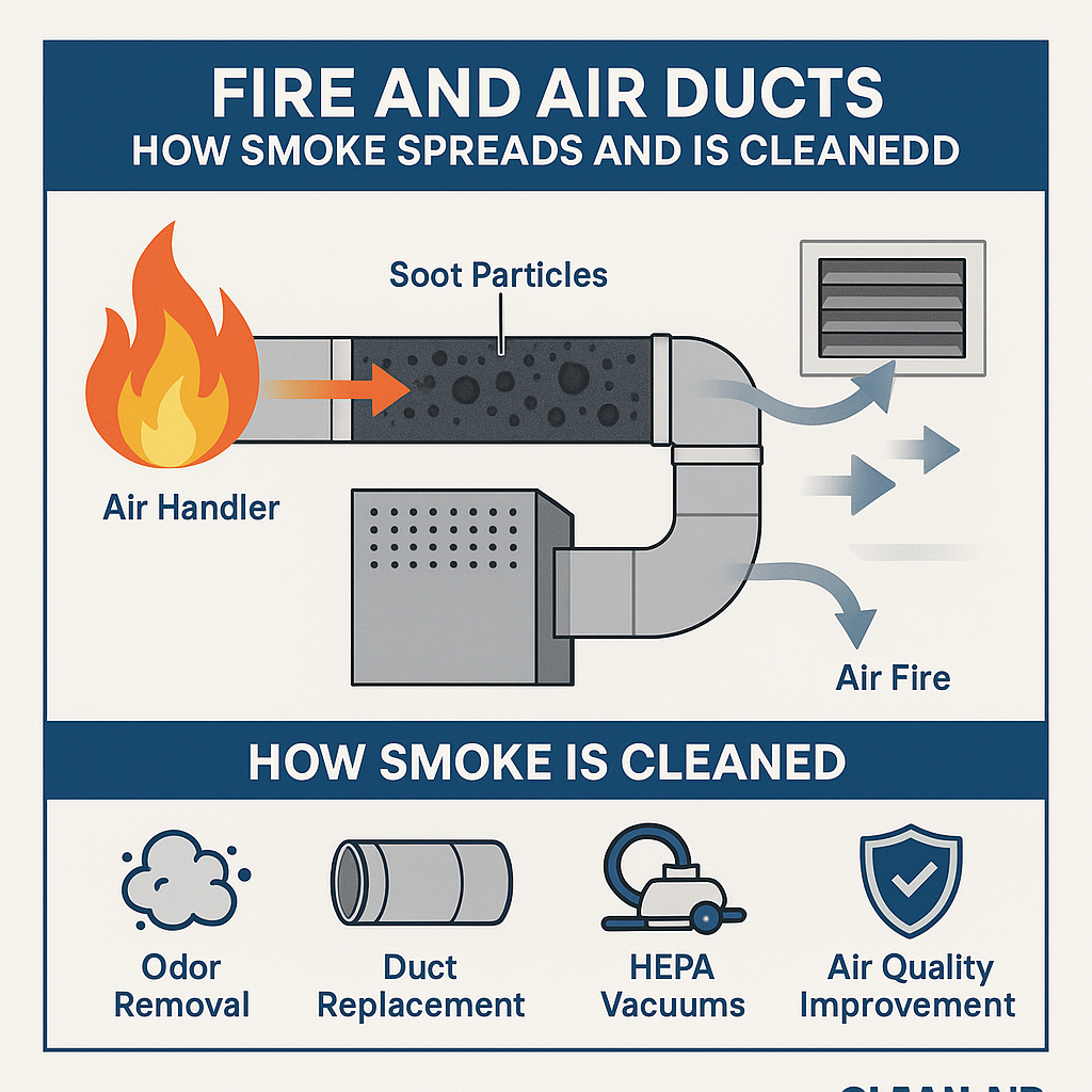 Infographic showing fire-related smoke contamination in HVAC systems and duct cleaning steps in Tampa properties