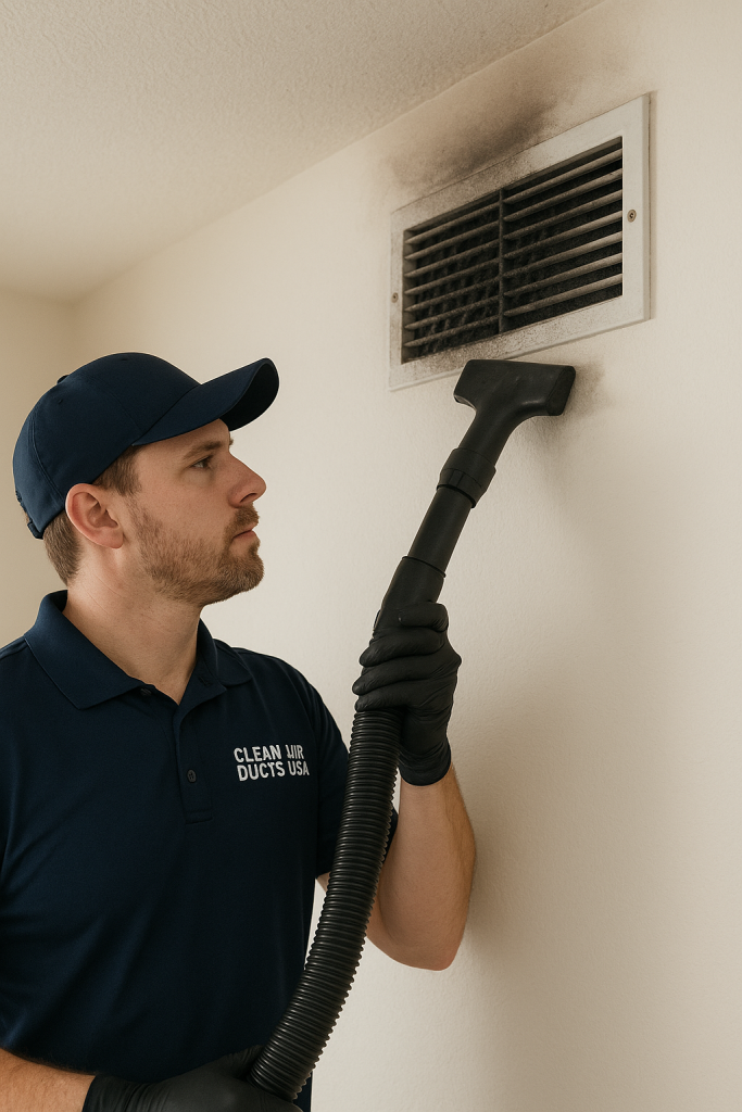 Technician cleaning smoke-damaged air ducts in a Tampa home after fire for Clean Air Ducts USA