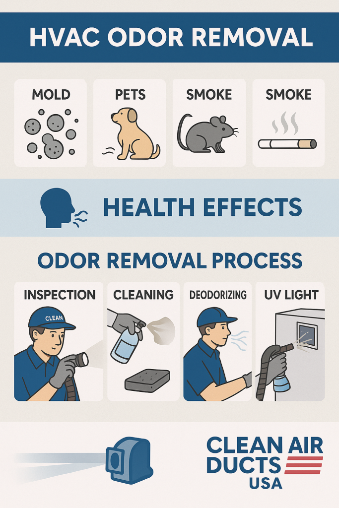 Infographic explaining causes of HVAC odors and professional removal solutions in Tampa homes and businesses