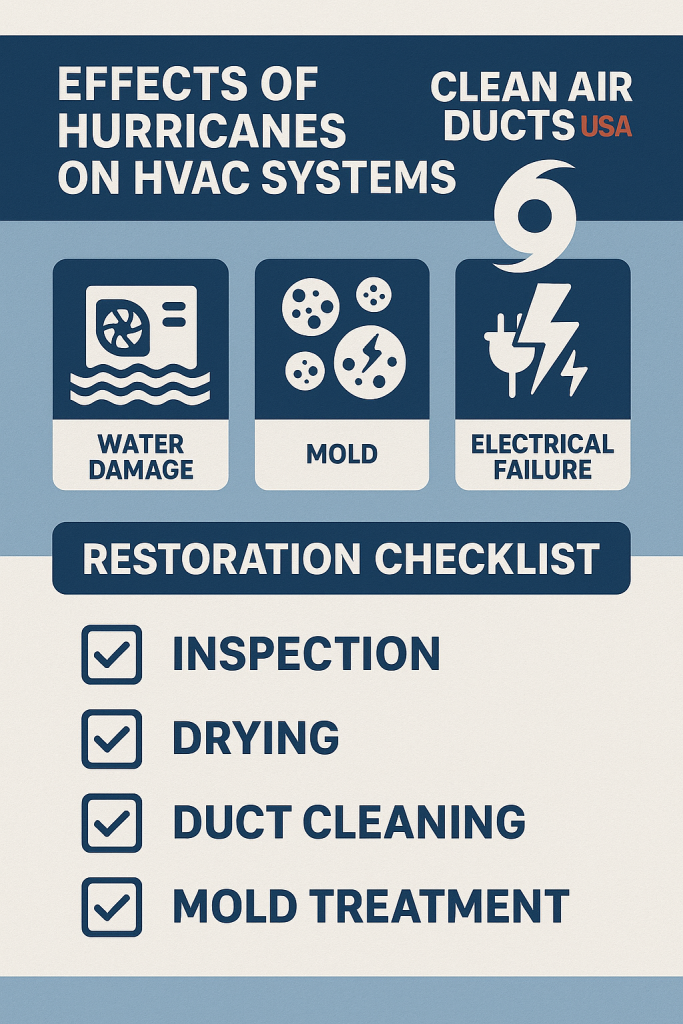 Infographic showing hurricane-related HVAC damage and Clean Air Ducts USA restoration steps for Tampa homes