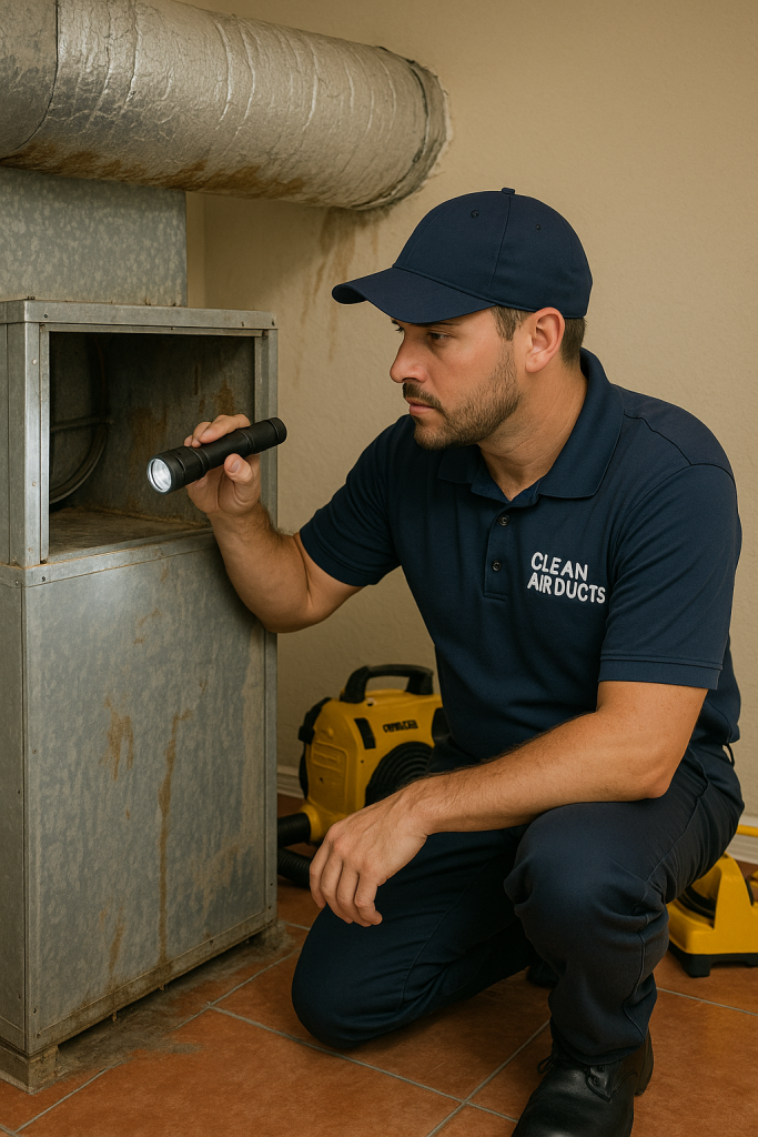 Technician assessing hurricane damage to HVAC system in a flooded Tampa home for Clean Air Ducts USA