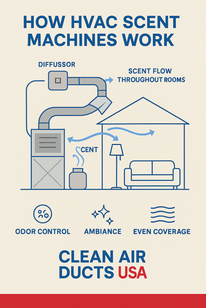 Infographic showing HVAC scent machine benefits and installation process for homes and businesses in Tampa