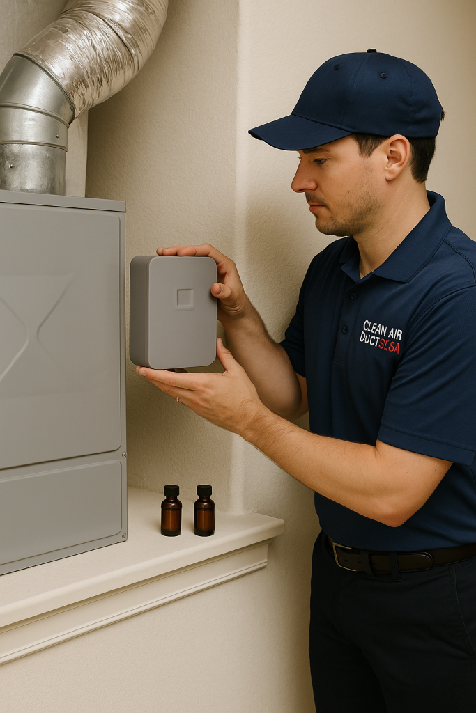 Technician installing HVAC scent machine in Tampa home or commercial HVAC system for Clean Air Ducts USA