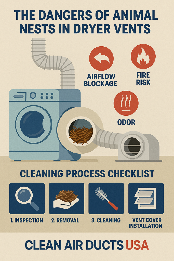 Infographic showing the risks and removal process for animals in dryer vents in Tampa homes