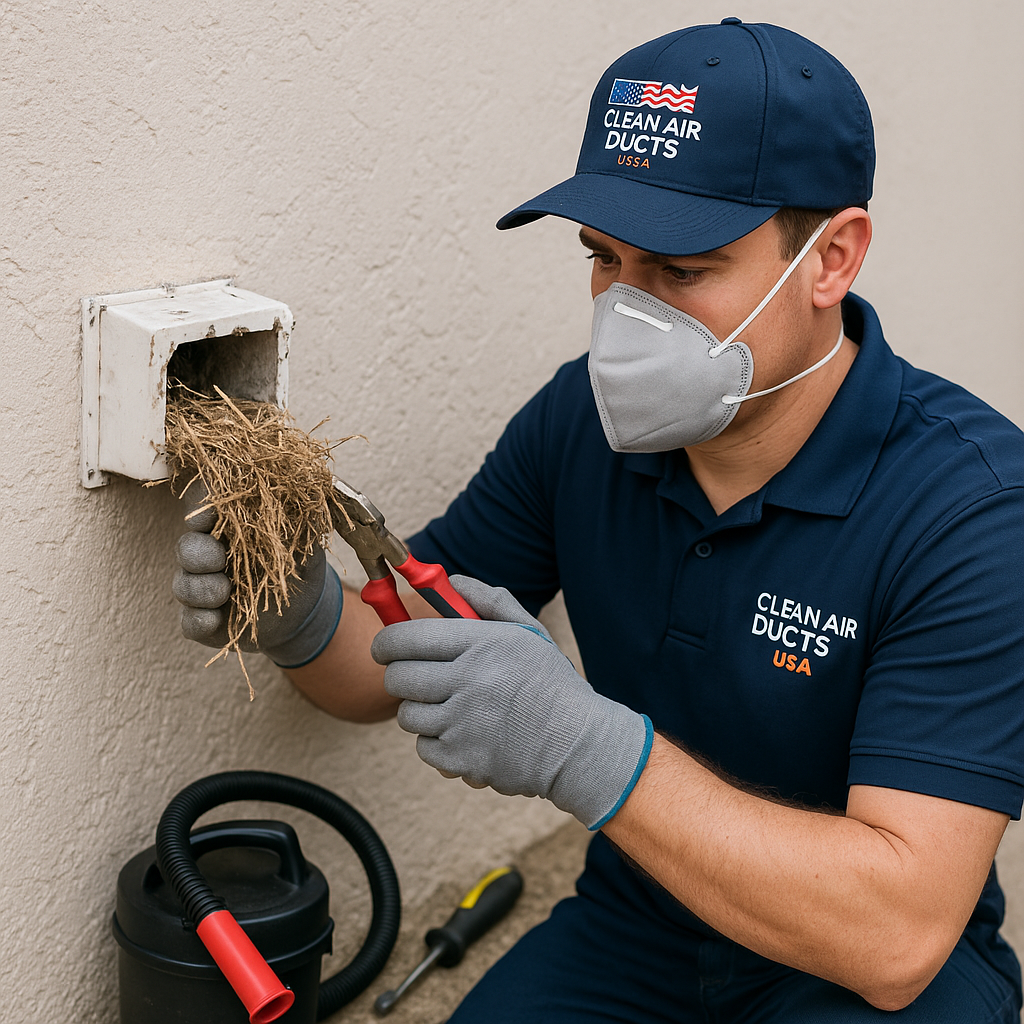 Technician removing animal nest from dryer vent in Tampa home for Clean Air Ducts USA