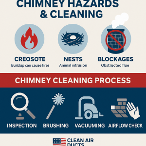 Infographic showing chimney hazards like creosote, nests, and blockages, and the chimney cleaning process: inspection, brushing, vacuuming, airflow check. Branded Clean Air Ducts USA.