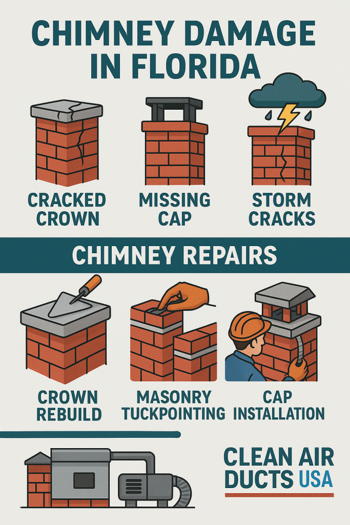 Infographic showing common chimney repairs in Florida and how Clean Air Ducts USA fixes them