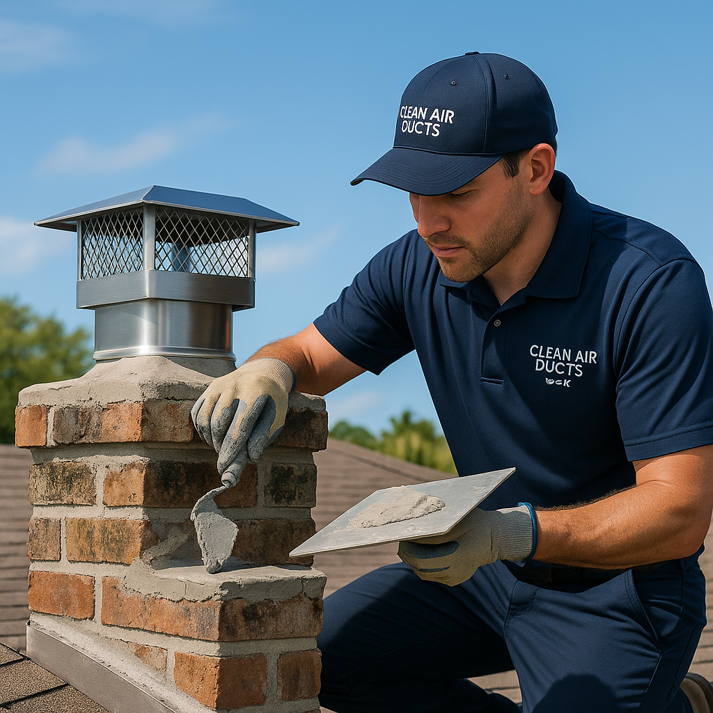 Clean Air Ducts USA repairing storm-damaged chimney with new crown and cap on a Tampa home
