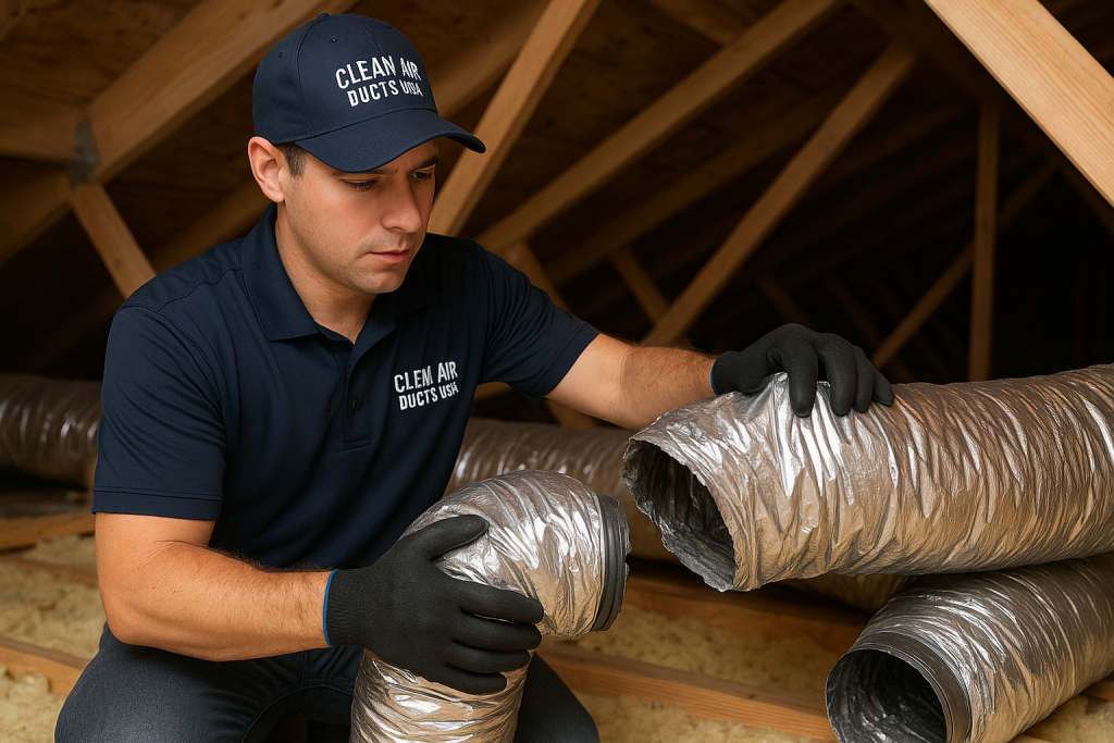 Clean Air Ducts USA technician repairing damaged air duct in Tampa home attic