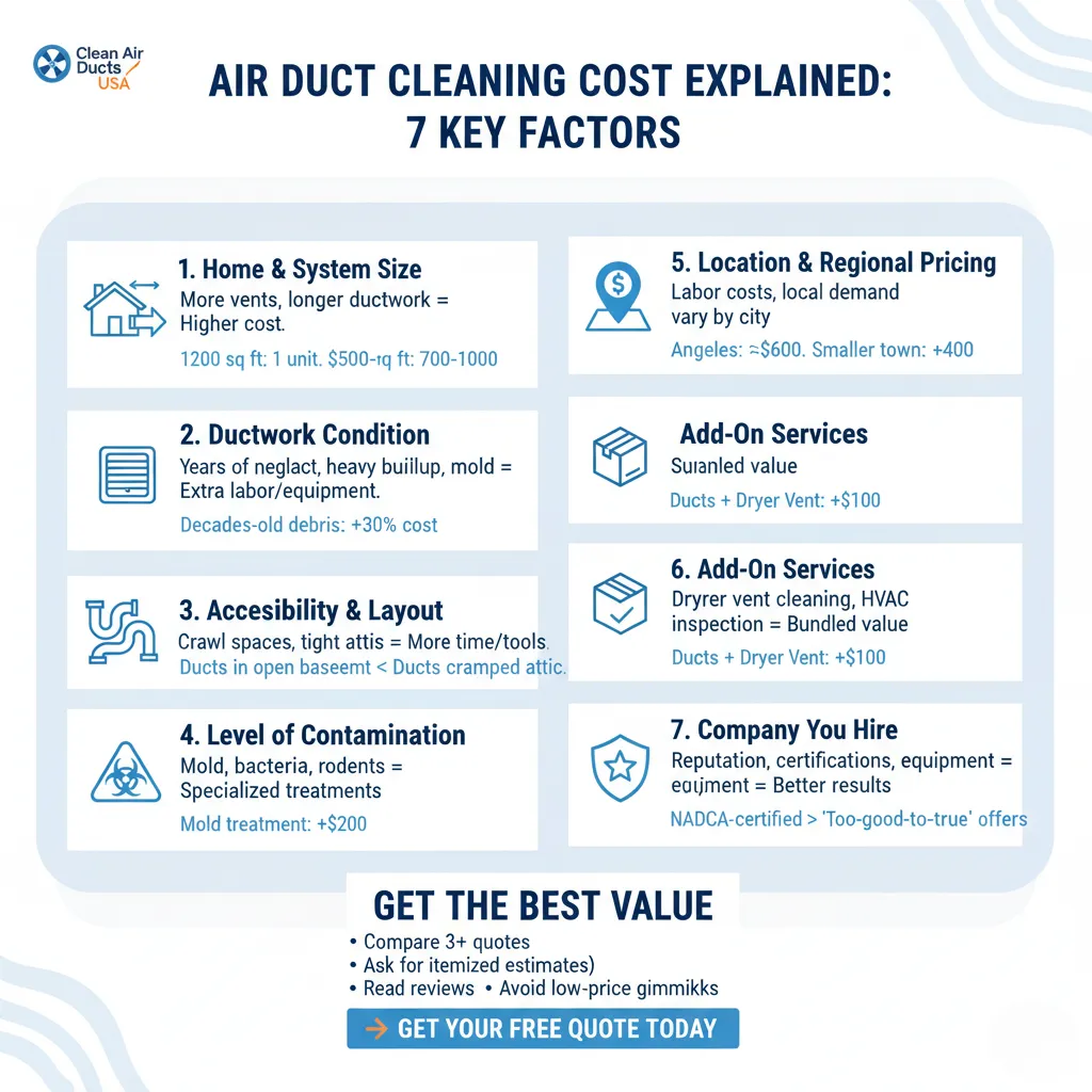 Infographic summarizing the 7 key factors that determine the final air duct cleaning cost, including the size of the home, the condition of the ductwork, the level of contamination, location, and the reputation of the cleaning company.