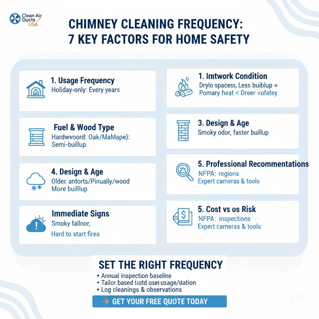 Infographic detailing the 7 factors that determine the correct chimney cleaning frequency, including fireplace usage, type of wood burned, chimney design and age, and the importance of annual professional inspection recommended by the NFPA.