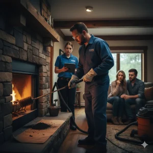 A certified chimney technician on a roof uses professional equipment to inspect and clean a chimney, emphasizing regular service to determine the optimal chimney cleaning frequency for home safety.