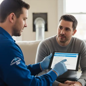 A professional HVAC technician discusses the air duct cleaning cost with a homeowner, showing a quote on a tablet to ensure transparent pricing and explain the service factors.